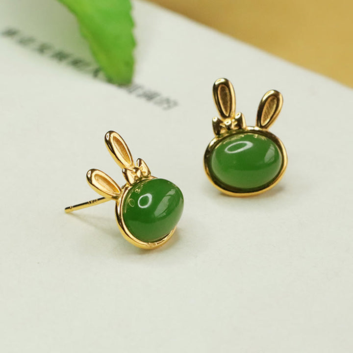 Buddha Stones 925スターリングシルバー 和田シアン翡翠 キュートなウサギの幸運のスタッドピアス