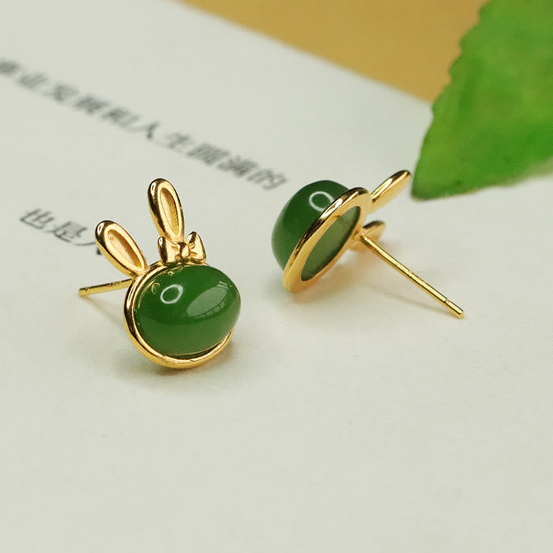 Buddha Stones 925スターリングシルバー 和田シアン翡翠 キュートなウサギの幸運のスタッドピアス