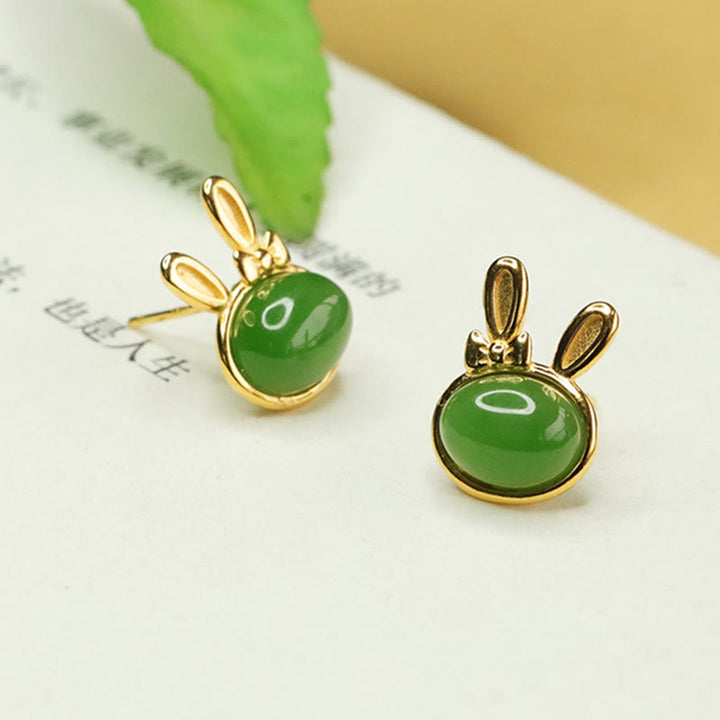 Buddha Stones 925スターリングシルバー 和田シアン翡翠 キュートなウサギの幸運のスタッドピアス