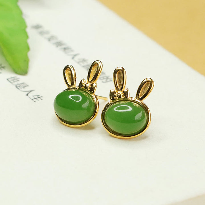 Buddha Stones 925スターリングシルバー 和田シアン翡翠 キュートなウサギの幸運のスタッドピアス