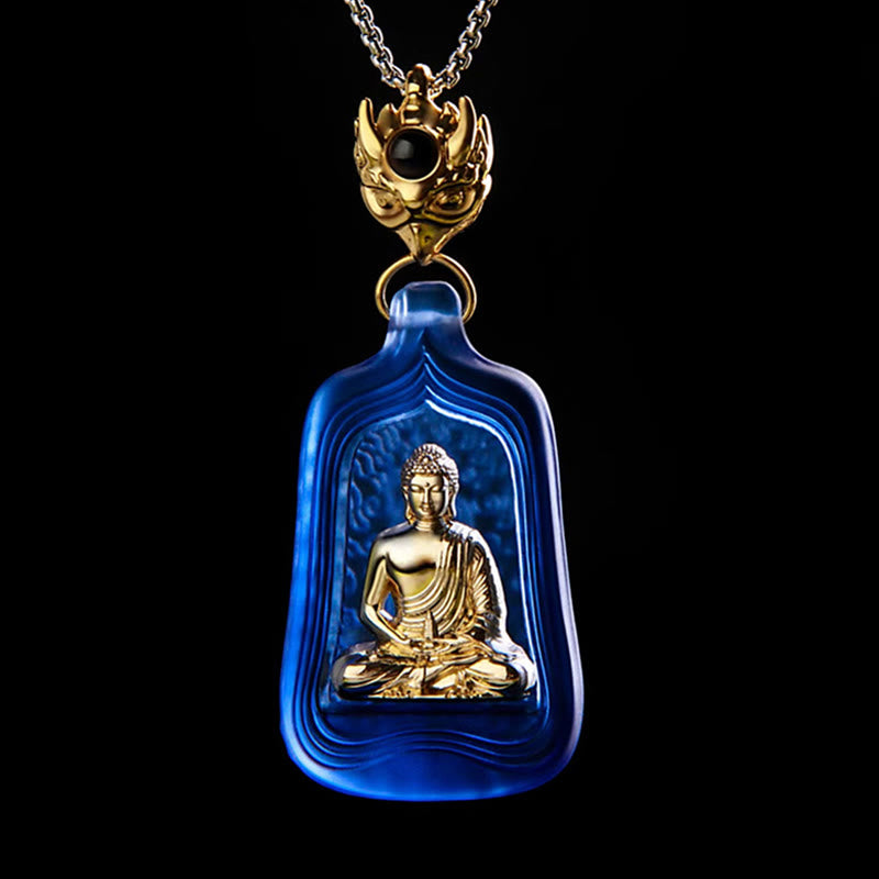 Buddha Stonesチベット薬師如来 劉里水晶 慈悲の静寂のネックレスペンダント - 青い薬師如来の鎖 - image 1
