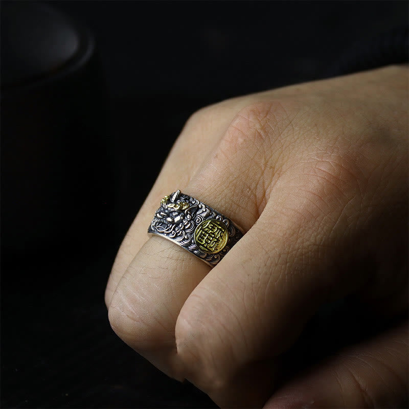 Buddha Stones925 スターリングシルバー 貔貅 銅貨 真鍮 富と幸運 調節可能リング