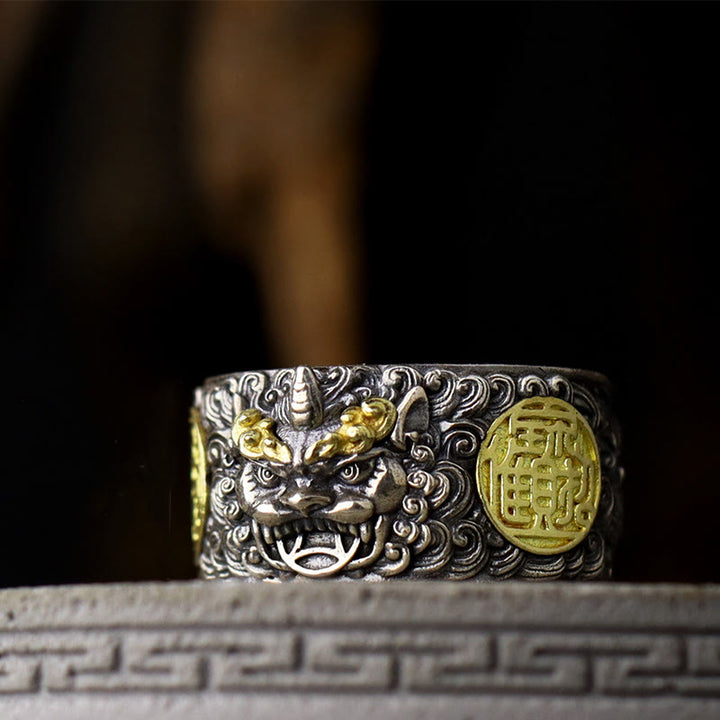 Buddha Stones925 スターリングシルバー 貔貅 銅貨 真鍮 富と幸運 調節可能リング