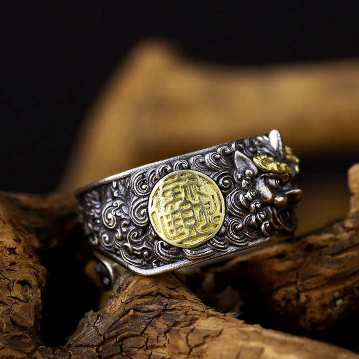 Buddha Stones925 スターリングシルバー 貔貅 銅貨 真鍮 富と幸運 調節可能リング