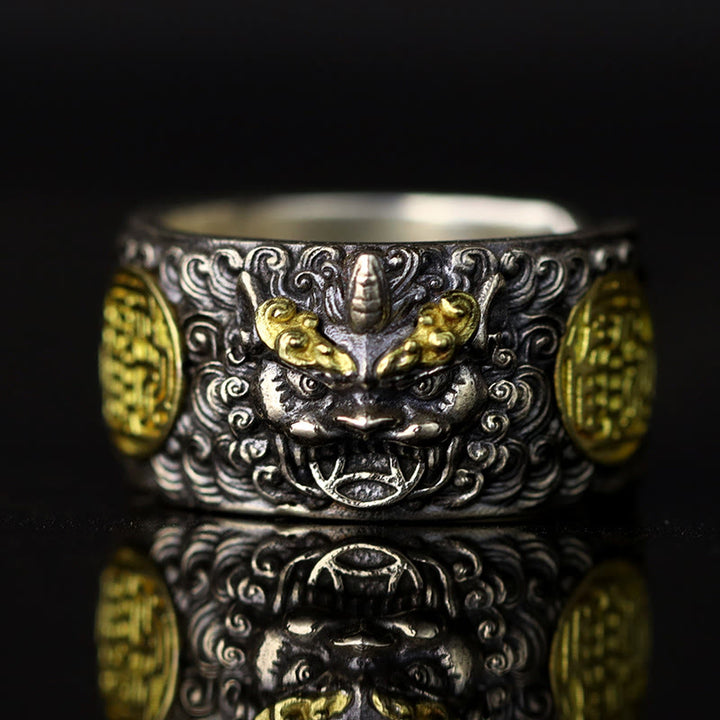 Buddha Stones925 スターリングシルバー 貔貅 銅貨 真鍮 富と幸運 調節可能リング