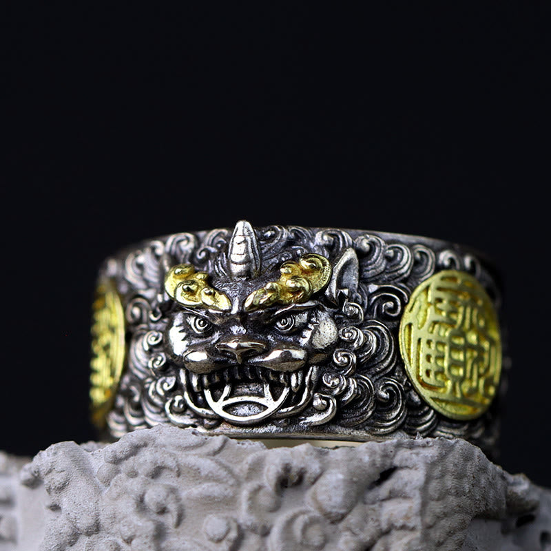 Buddha Stones925 スターリングシルバー 貔貅 銅貨 真鍮 富と幸運 調節可能リング
