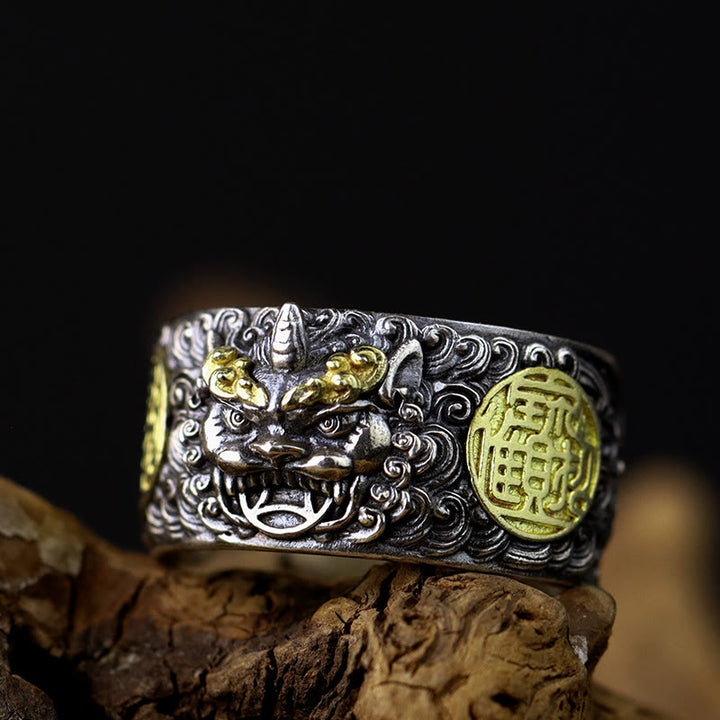 Buddha Stones925 スターリングシルバー 貔貅 銅貨 真鍮 富と幸運 調節可能リング