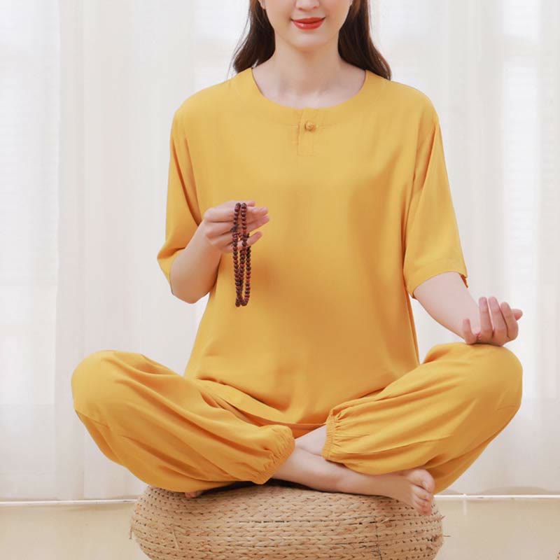 Buddha Stones2個 無地 カエルボタン シンプルデザイン クルーネックデザイン 半袖シャツ トップス 伸縮性ウエスト パンツ 瞑想 禅 太極拳 コットン 衣類 レディース セット