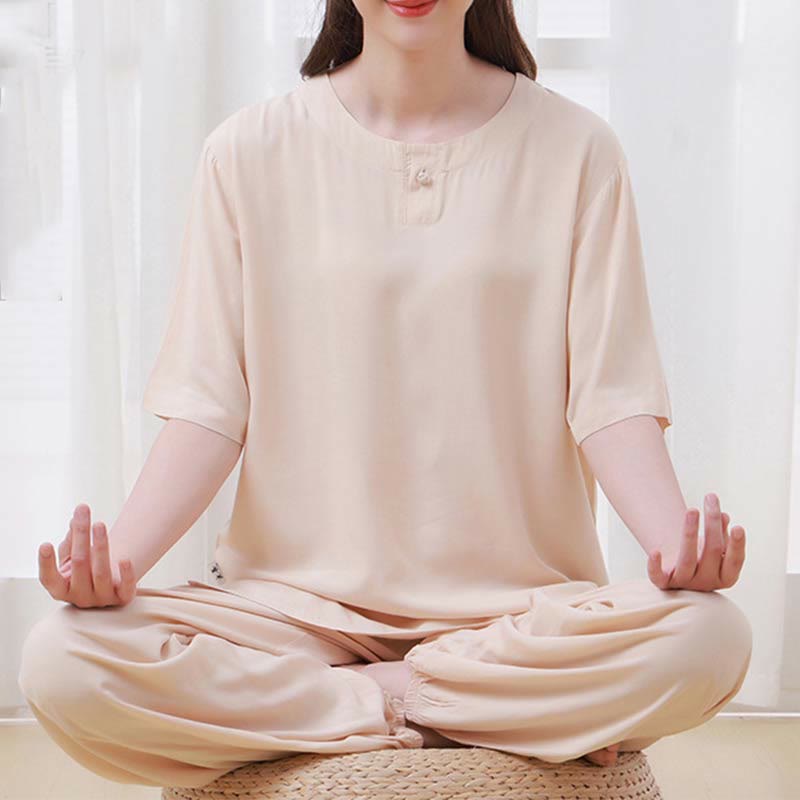 Buddha Stones2個 無地 カエルボタン シンプルデザイン クルーネックデザイン 半袖シャツ トップス 伸縮性ウエスト パンツ 瞑想 禅 太極拳 コットン 衣類 レディース セット