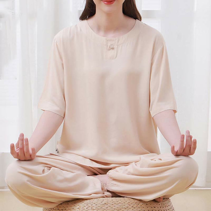 Buddha Stones2個 無地 カエルボタン シンプルデザイン クルーネックデザイン 半袖シャツ トップス 伸縮性ウエスト パンツ 瞑想 禅 太極拳 コットン 衣類 レディース セット