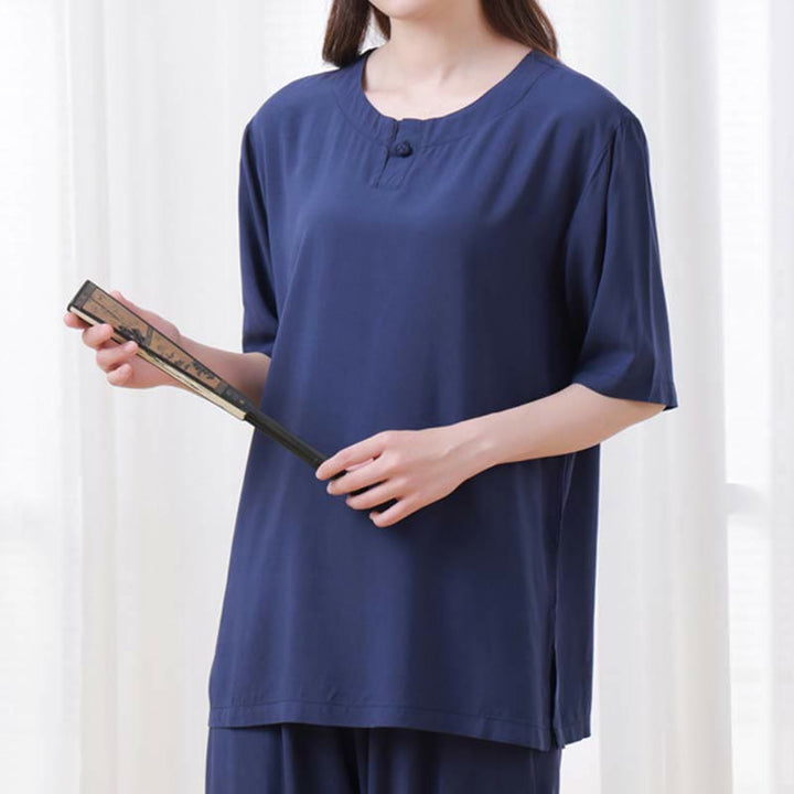 Buddha Stones2個 無地 カエルボタン シンプルデザイン クルーネックデザイン 半袖シャツ トップス 伸縮性ウエスト パンツ 瞑想 禅 太極拳 コットン 衣類 レディース セット - image 24