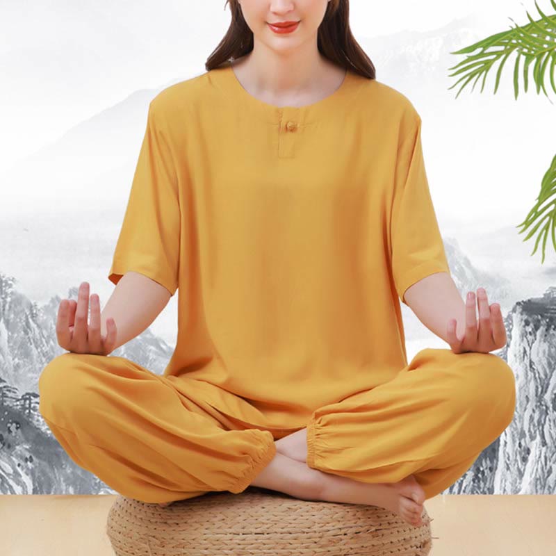 Buddha Stones2個 無地 カエルボタン シンプルデザイン クルーネックデザイン 半袖シャツ トップス 伸縮性ウエスト パンツ 瞑想 禅 太極拳 コットン 衣類 レディース セット