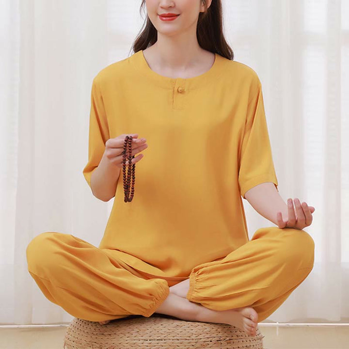 Buddha Stones2個 無地 カエルボタン シンプルデザイン クルーネックデザイン 半袖シャツ トップス 伸縮性ウエスト パンツ 瞑想 禅 太極拳 コットン 衣類 レディース セット