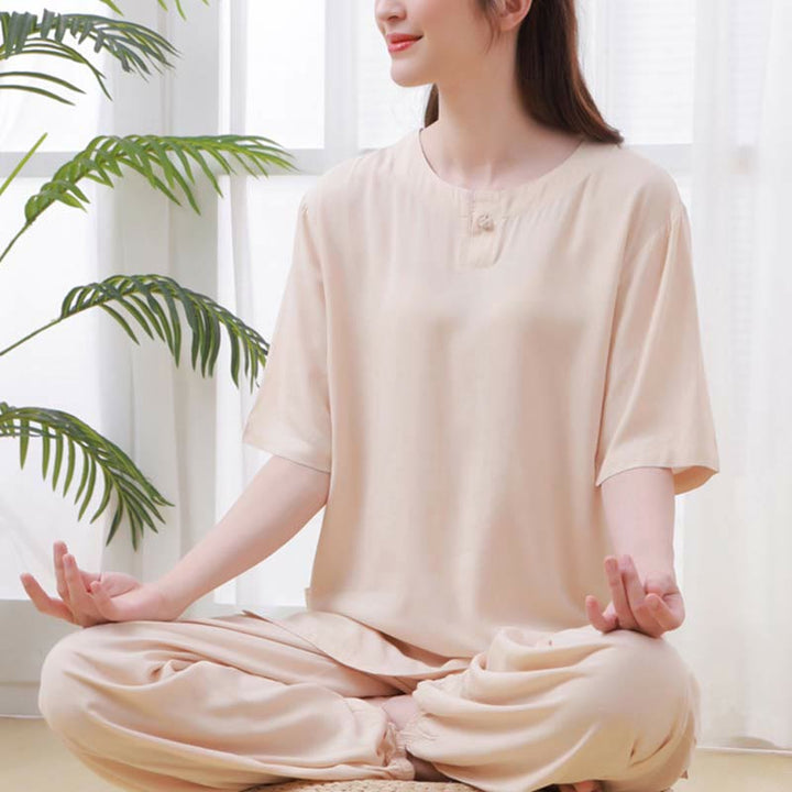 Buddha Stones2個 無地 カエルボタン シンプルデザイン クルーネックデザイン 半袖シャツ トップス 伸縮性ウエスト パンツ 瞑想 禅 太極拳 コットン 衣類 レディース セット