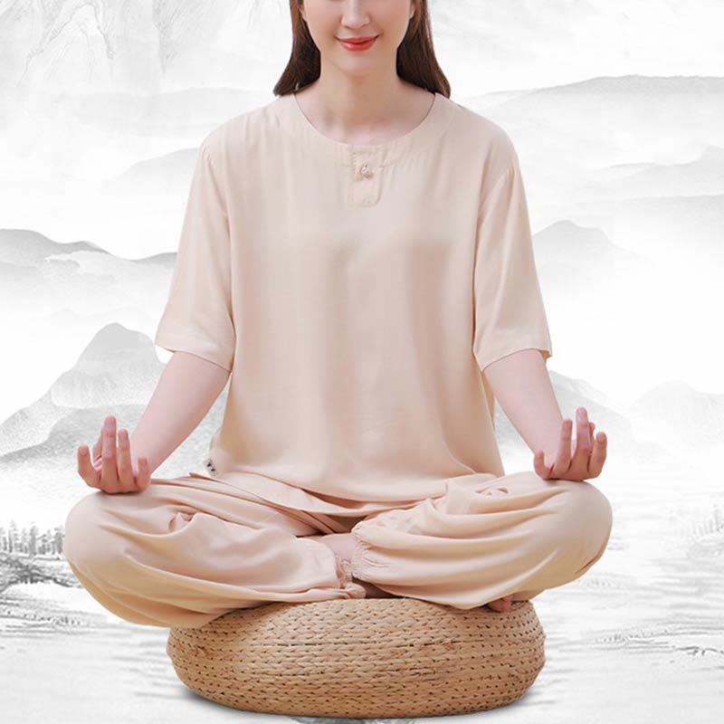 Buddha Stones2個 無地 カエルボタン シンプルデザイン クルーネックデザイン 半袖シャツ トップス 伸縮性ウエスト パンツ 瞑想 禅 太極拳 コットン 衣類 レディース セット