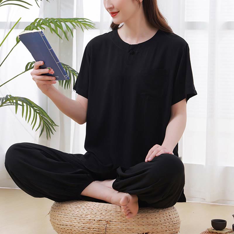 Buddha Stones2個 無地 カエルボタン シンプルデザイン クルーネックデザイン 半袖シャツ トップス 伸縮性ウエスト パンツ 瞑想 禅 太極拳 コットン 衣類 レディース セット