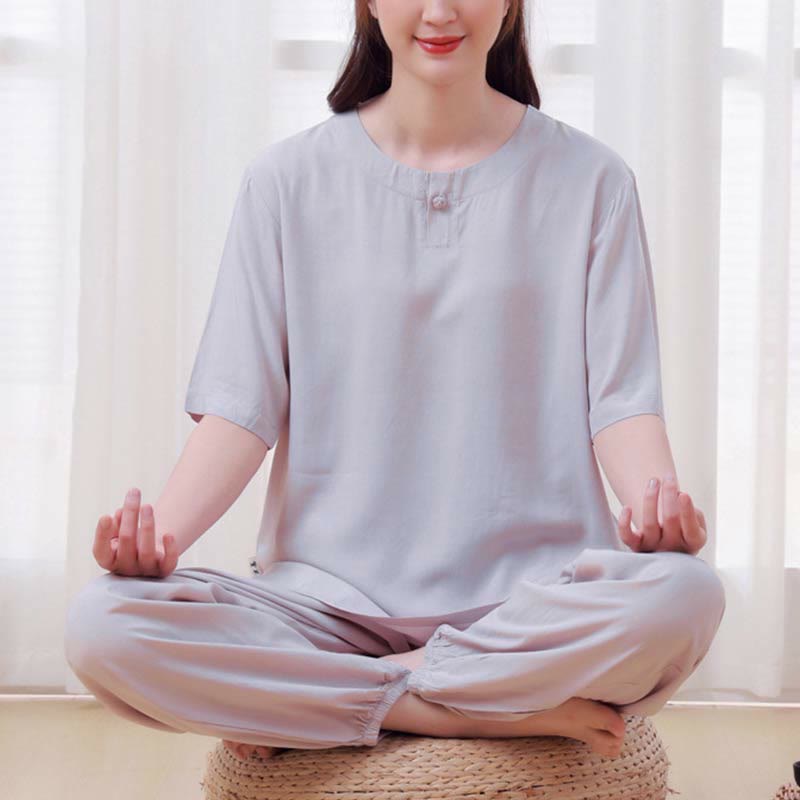 Buddha Stones2個 無地 カエルボタン シンプルデザイン クルーネックデザイン 半袖シャツ トップス 伸縮性ウエスト パンツ 瞑想 禅 太極拳 コットン 衣類 レディース セット