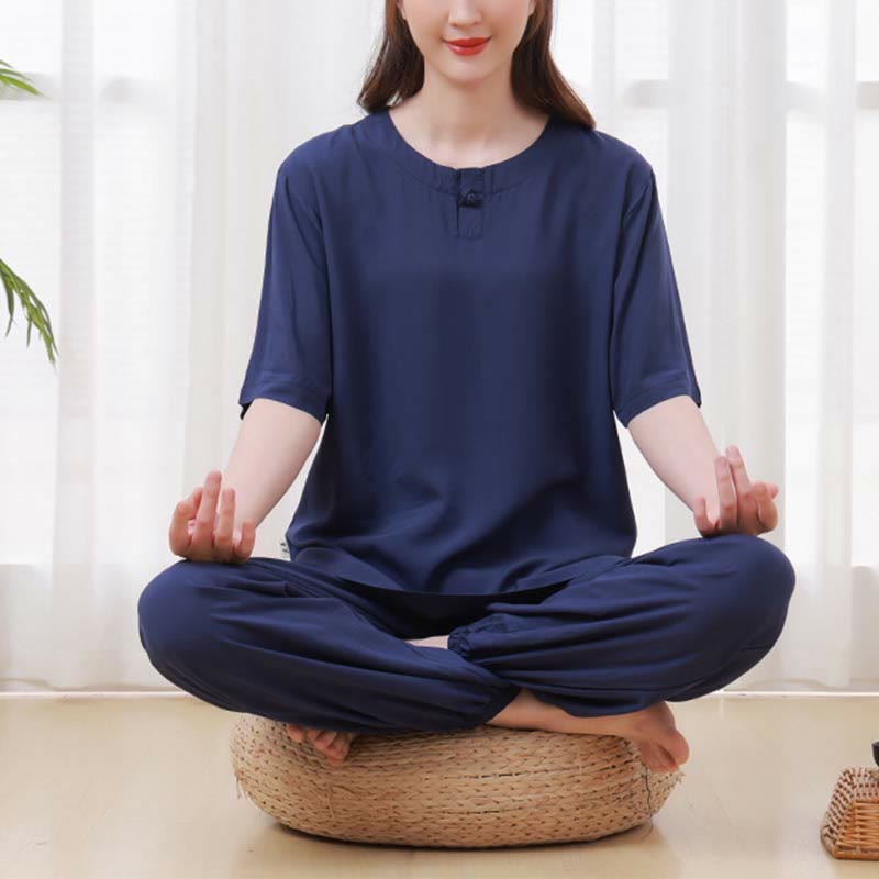 Buddha Stones2個 無地 カエルボタン シンプルデザイン クルーネックデザイン 半袖シャツ トップス 伸縮性ウエスト パンツ 瞑想 禅 太極拳 コットン 衣類 レディース セット