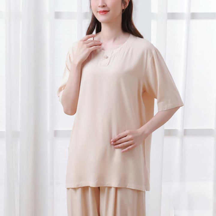 Buddha Stones2個 無地 カエルボタン シンプルデザイン クルーネックデザイン 半袖シャツ トップス 伸縮性ウエスト パンツ 瞑想 禅 太極拳 コットン 衣類 レディース セット - image 3