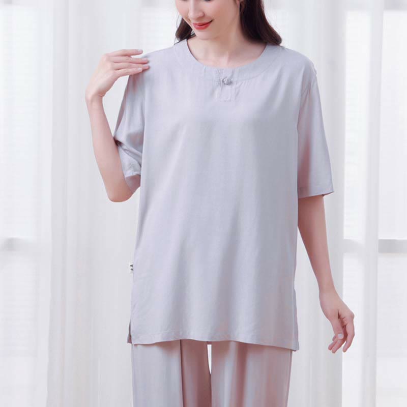 Buddha Stones2個 無地 カエルボタン シンプルデザイン クルーネックデザイン 半袖シャツ トップス 伸縮性ウエスト パンツ 瞑想 禅 太極拳 コットン 衣類 レディース セット - image 17