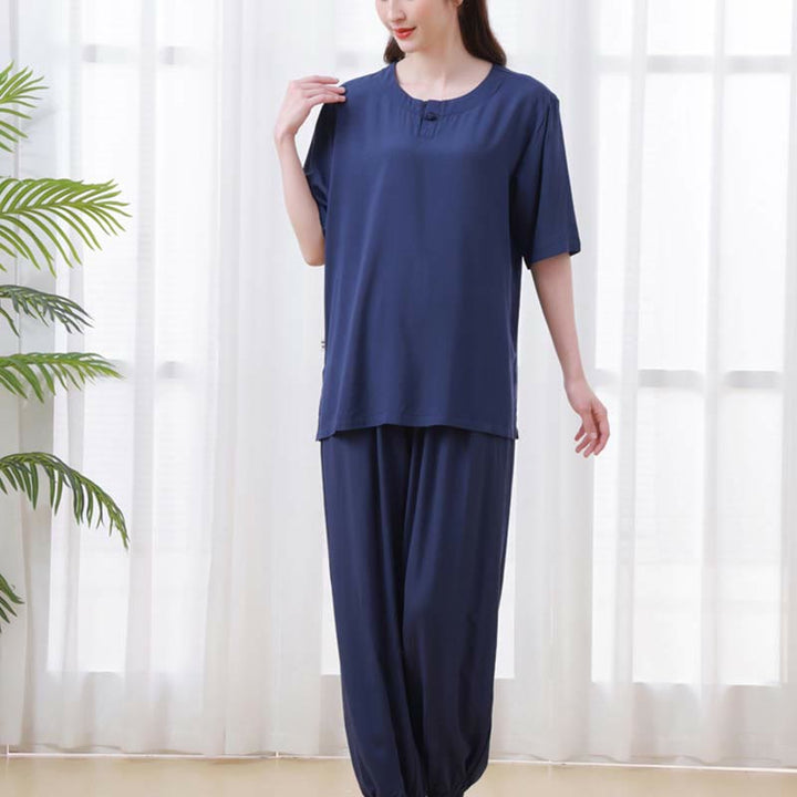 Buddha Stones2個 無地 カエルボタン シンプルデザイン クルーネックデザイン 半袖シャツ トップス 伸縮性ウエスト パンツ 瞑想 禅 太極拳 コットン 衣類 レディース セット - image 25