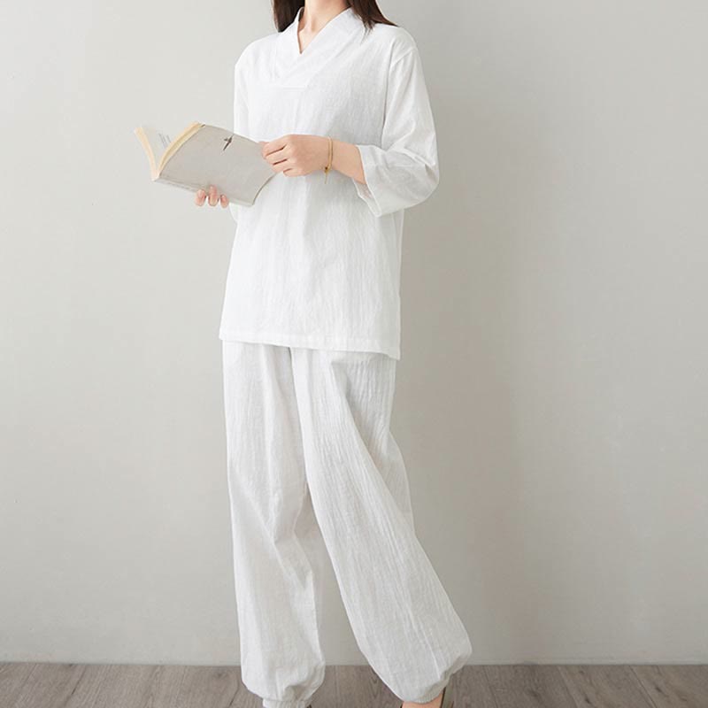 Buddha Stones夏 カジュアル 2点 無地 カエルボタン シンプルデザイン Vネック ハーフスリーブ シャツ トップパンツ ポケット付き 瞑想 禅 太極拳 ウェア レディース セット