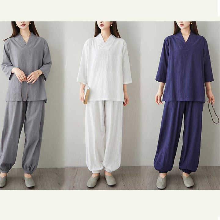 Buddha Stones夏 カジュアル 2点 無地 カエルボタン シンプルデザイン Vネック ハーフスリーブ シャツ トップパンツ ポケット付き 瞑想 禅 太極拳 ウェア レディース セット