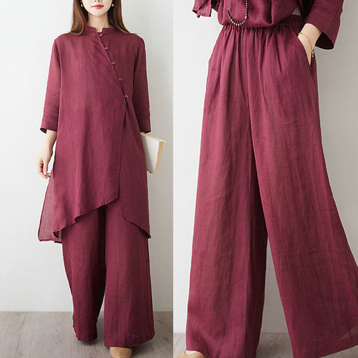 Buddha Stonesカジュアル 2点セット 無地 七分袖 斜め襟 シャツ トップス ワイドレッグパンツ ポケット付き 瞑想 禅 太極拳服 レディース セット - image 17