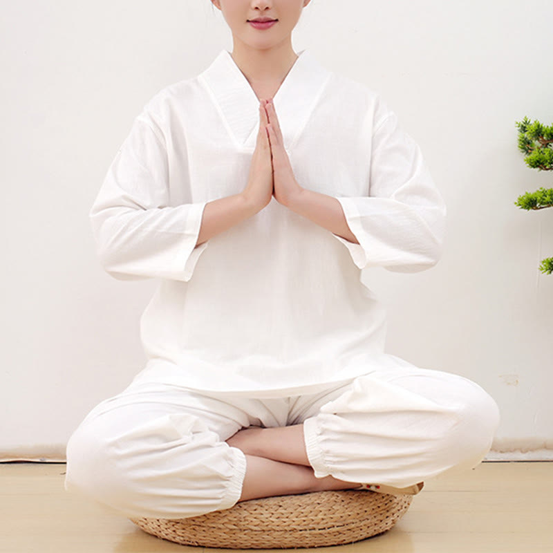 Buddha Stonesカジュアル 2点セット 無地 長袖 しわ加工デザイン シャツ トップス スカート ポケット付き 瞑想 禅 太極拳服 レディース セット - 白 - US14、 UK/AU18、 EU46 (2XL) - image 6