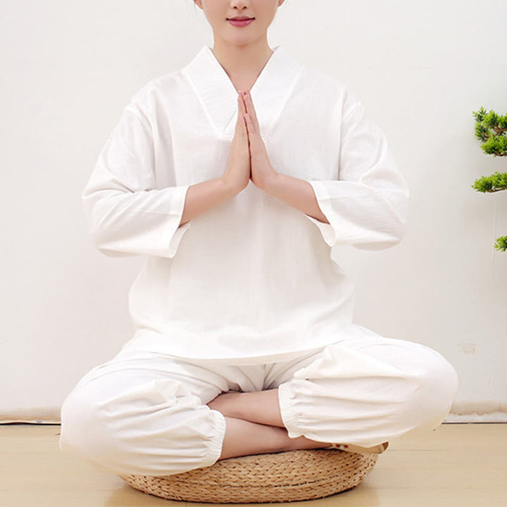 Buddha Stonesカジュアル 2点セット 無地 長袖 しわ加工デザイン シャツ トップス スカート ポケット付き 瞑想 禅 太極拳服 レディース セット - 白 - US14、 UK/AU18、 EU46 (2XL) - image 6