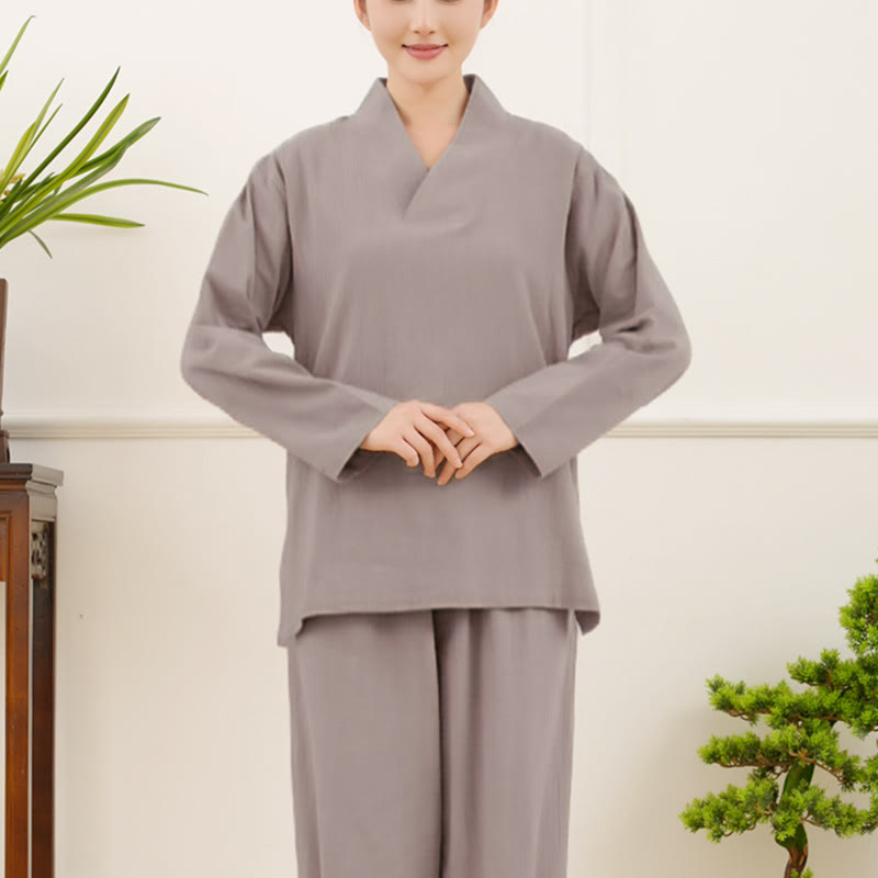 Buddha Stonesカジュアル 2点セット 無地 長袖 しわ加工デザイン シャツ トップス スカート ポケット付き 瞑想 禅 太極拳服 レディース セット