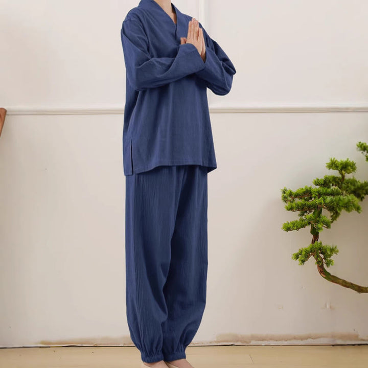 Buddha Stonesカジュアル 2点セット 無地 長袖 しわ加工デザイン シャツ トップス スカート ポケット付き 瞑想 禅 太極拳服 レディース セット