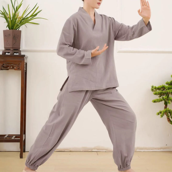 Buddha Stonesカジュアル 2点セット 無地 長袖 しわ加工デザイン シャツ トップス スカート ポケット付き 瞑想 禅 太極拳服 レディース セット