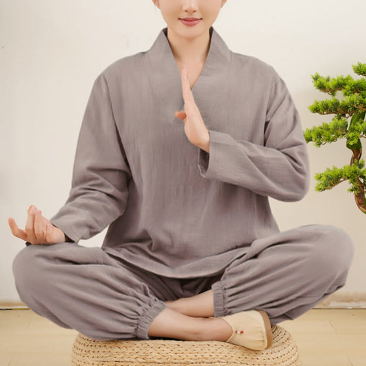 Buddha Stonesカジュアル 2点セット 無地 長袖 しわ加工デザイン シャツ トップス スカート ポケット付き 瞑想 禅 太極拳服 レディース セット - ダークグレー - US14、 UK/AU18、 EU46 (2XL) - image 3