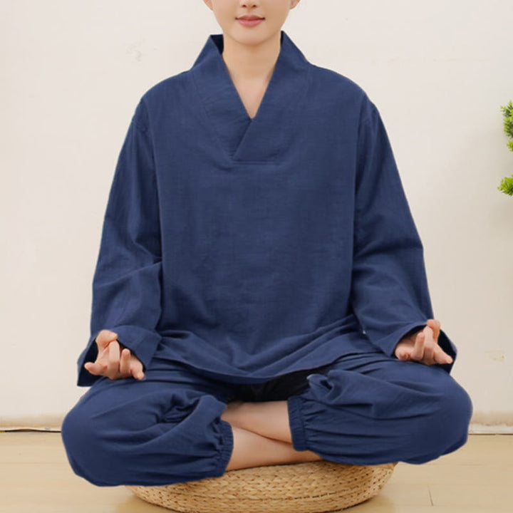 Buddha Stonesカジュアル 2点セット 無地 長袖 しわ加工デザイン シャツ トップス スカート ポケット付き 瞑想 禅 太極拳服 レディース セット