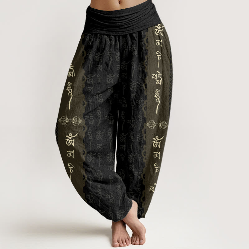 Buddha Stonesオーム・マニ・パドメ・フム柄 レディース 伸縮性ウエスト ハーレムパンツ - 黒 - US22、 UK/AU26、 EU54 (6XL) - image 1