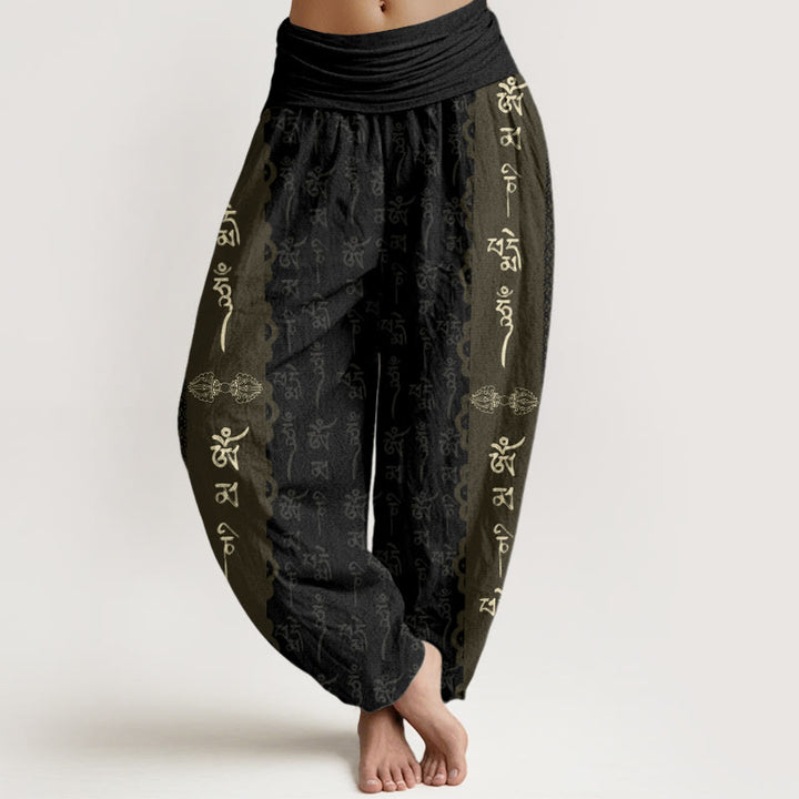 Buddha Stonesオーム・マニ・パドメ・フム柄 レディース 伸縮性ウエスト ハーレムパンツ - 黒 - US22、 UK/AU26、 EU54 (6XL) - image 1