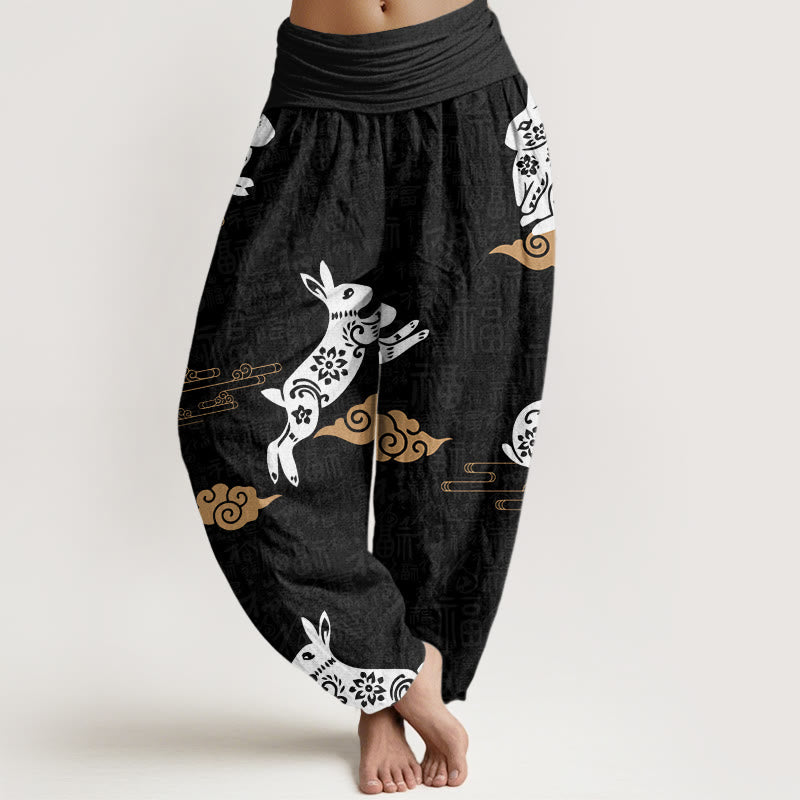 Buddha Stones白うさぎ 吉兆 雲模様 レディース ウエストゴム ハーレムパンツ - 黒 - US22、 UK/AU26、 EU54 (6XL) - image 1