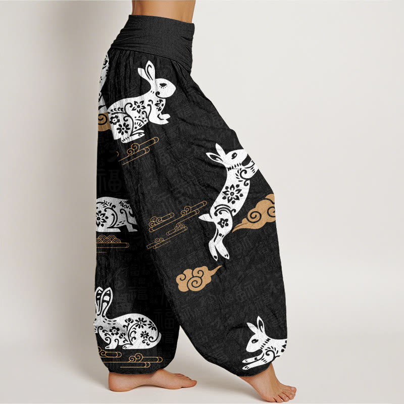 Buddha Stones白うさぎ 吉兆 雲模様 レディース ウエストゴム ハーレムパンツ - image 3