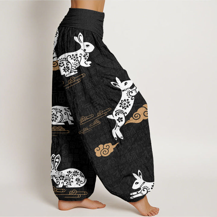 Buddha Stones白うさぎ 吉兆 雲模様 レディース ウエストゴム ハーレムパンツ - image 3