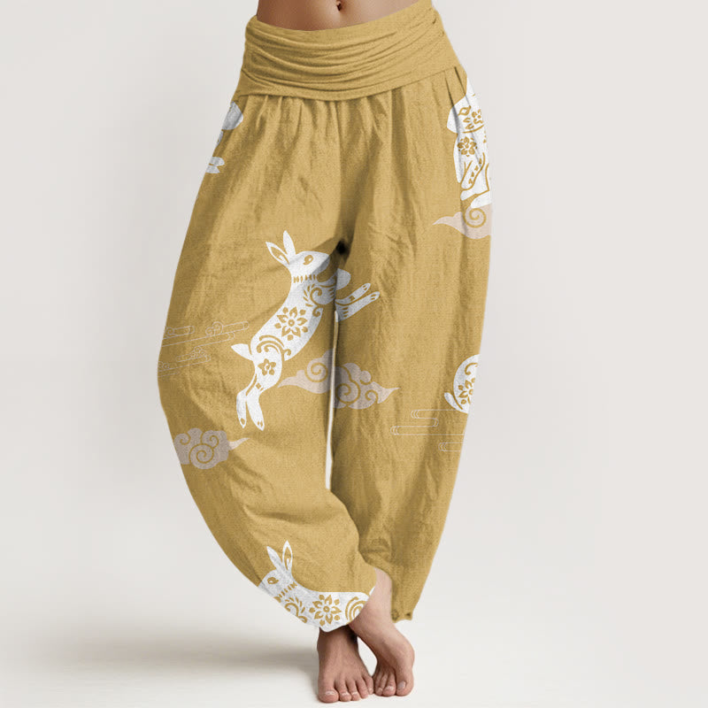 Buddha Stones白うさぎ 吉兆 雲模様 レディース ウエストゴム ハーレムパンツ - カーキ - US22、 UK/AU26、 EU54 (6XL) - image 5