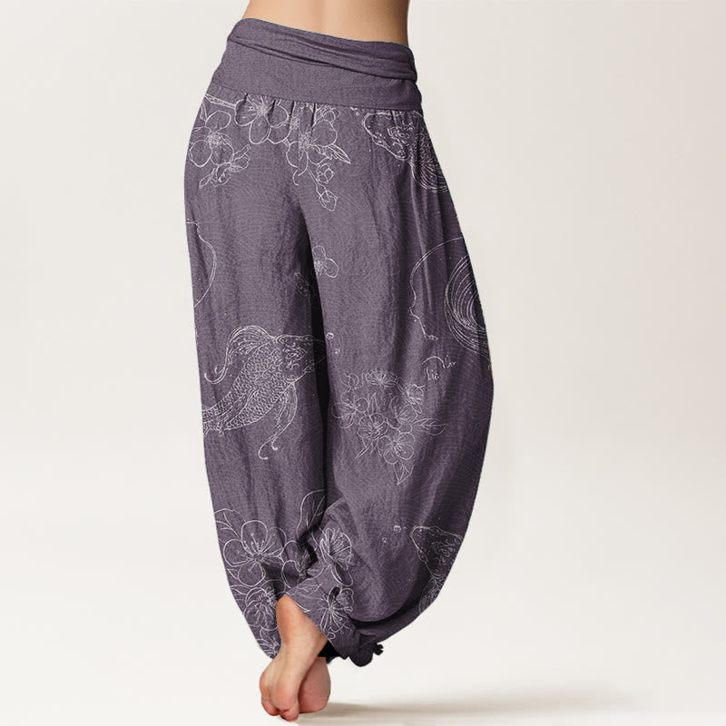 Buddha Stonesピュアコットン 鯉柄 花柄 レディース 伸縮性ウエスト ハーレムパンツ - image 6