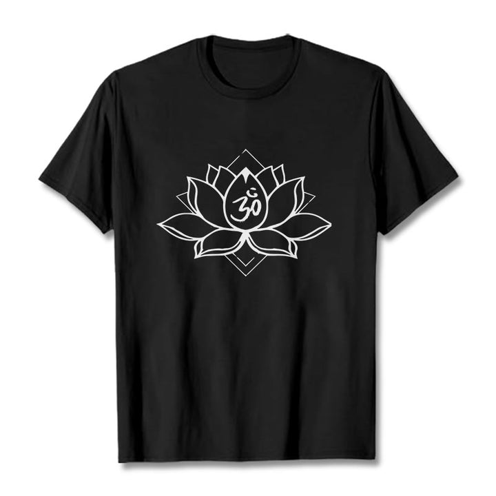 Buddha Stonesと蓮の花、オームサンスクリット柄コットンTシャツ - 黒 - 2XL - image 1