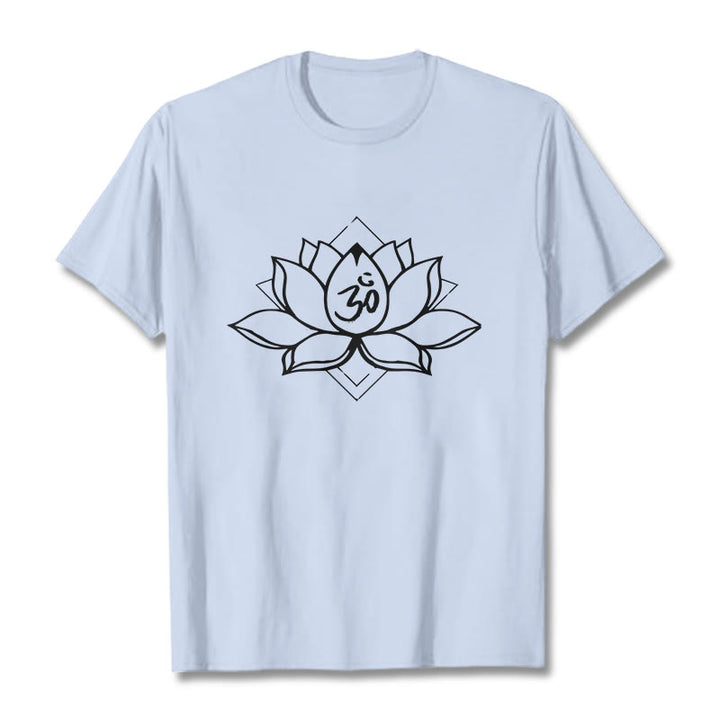 Buddha Stonesと蓮の花、オームサンスクリット柄コットンTシャツ - ライトシアン - 2XL - image 18