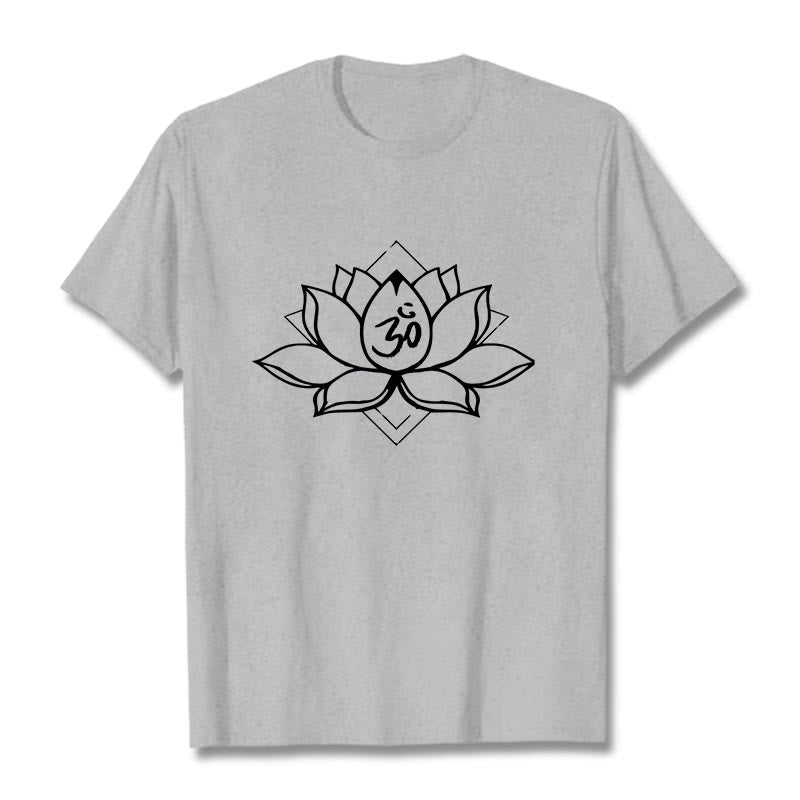 Buddha Stonesと蓮の花、オームサンスクリット柄コットンTシャツ - ライトグレー - 2XL - image 19