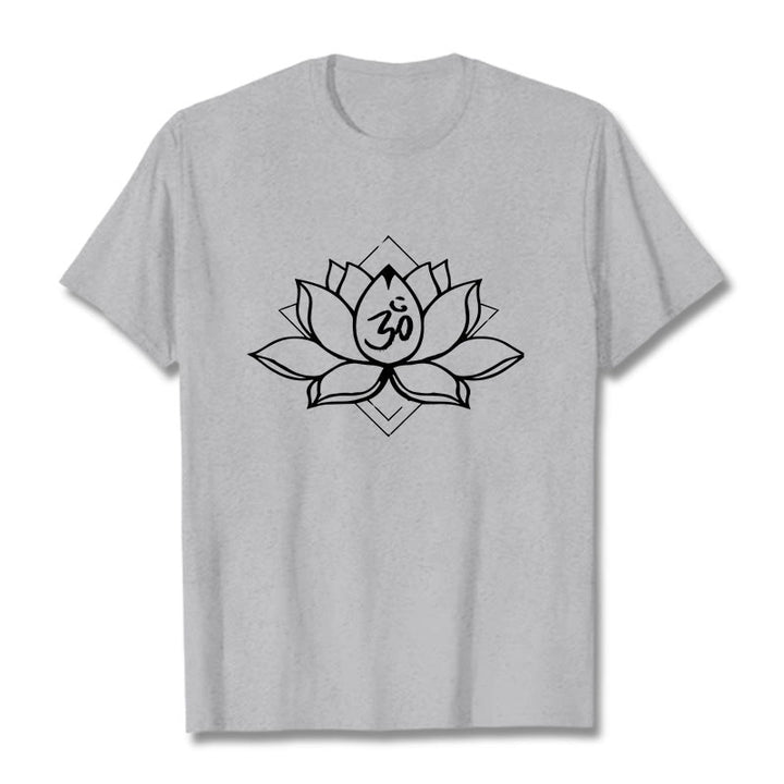 Buddha Stonesと蓮の花、オームサンスクリット柄コットンTシャツ - ライトグレー - 2XL - image 19
