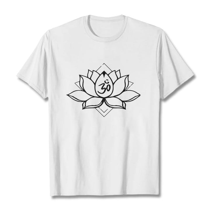 Buddha Stonesと蓮の花、オームサンスクリット柄コットンTシャツ - 白 - 2XL - image 5