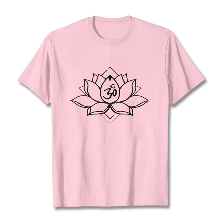 Buddha Stonesと蓮の花、オームサンスクリット柄コットンTシャツ - ライトピンク - 2XL - image 13
