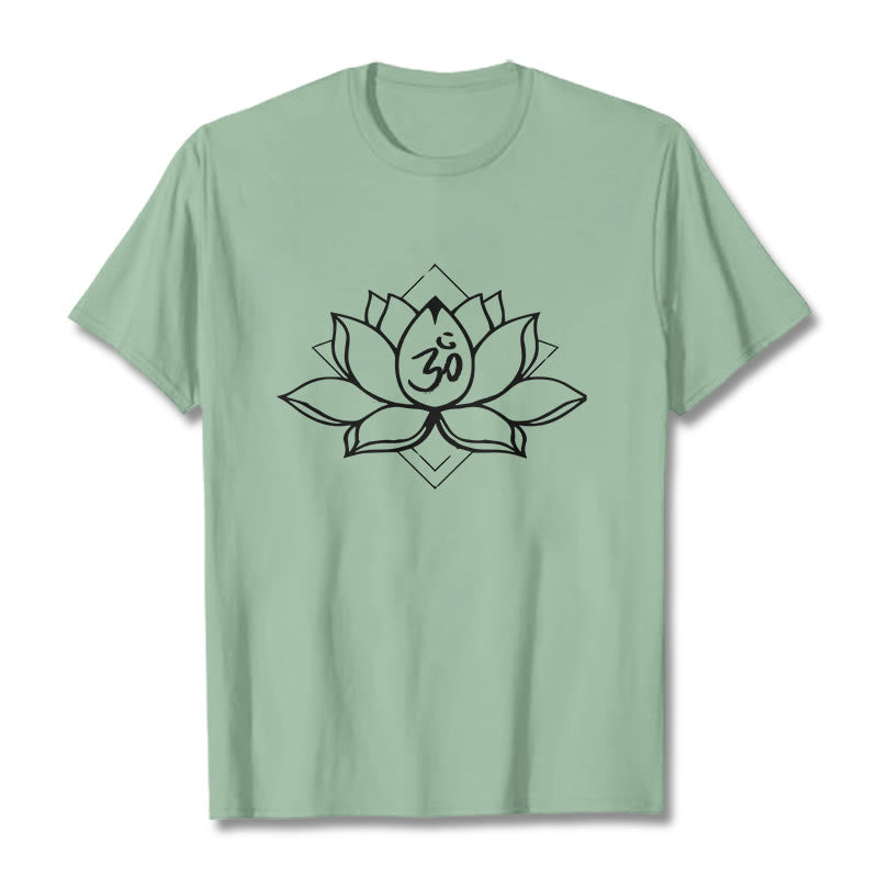 Buddha Stonesと蓮の花、オームサンスクリット柄コットンTシャツ - 淡い緑色 - 2XL - image 14