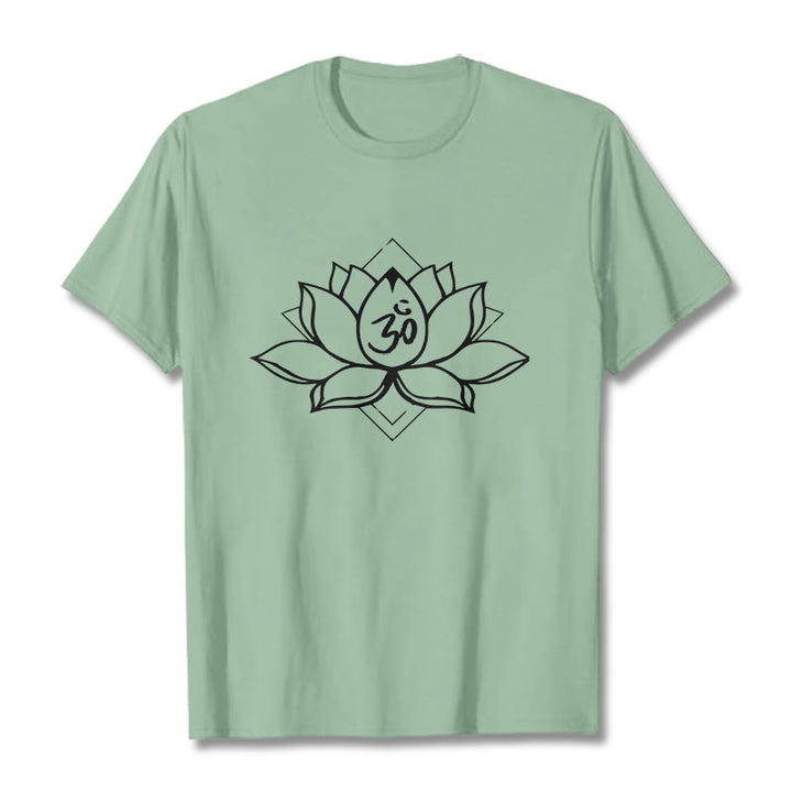 Buddha Stonesと蓮の花、オームサンスクリット柄コットンTシャツ - 淡い緑色 - 2XL - image 14